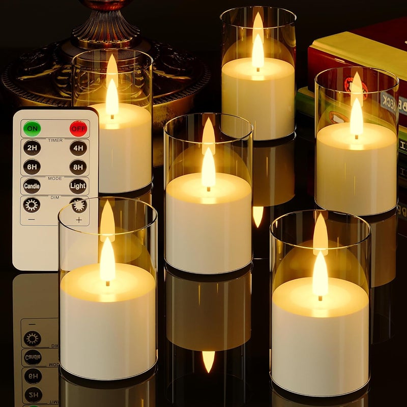 VIODAIM 6Pack Flickering Flameless LED Candles with Remote & Timer, Battery Powered - Small Pillar & Votive, Clear (2"X3") - Image 1